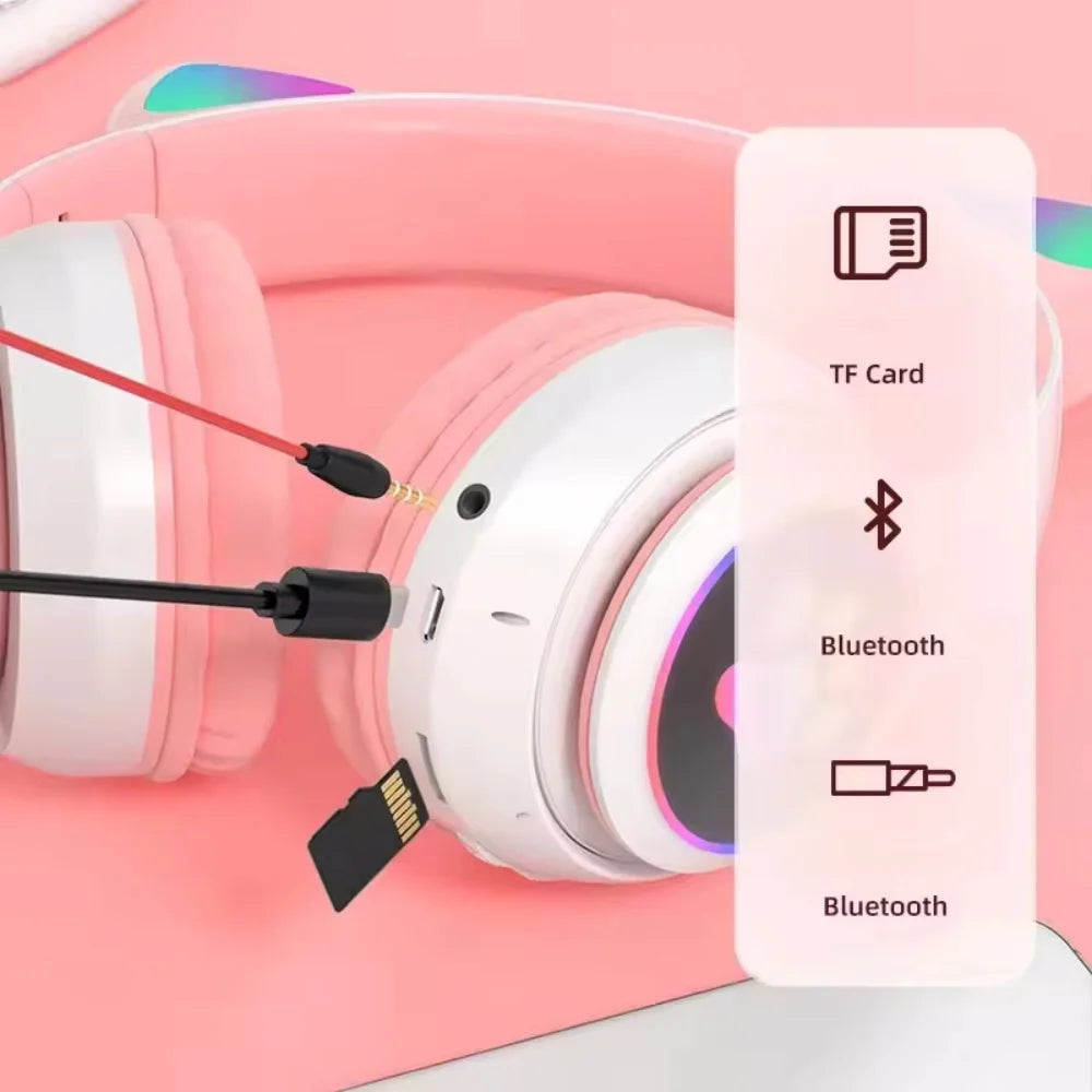 Casque oreilles de chat LED – fonctions Bluetooth, jack et carte SD