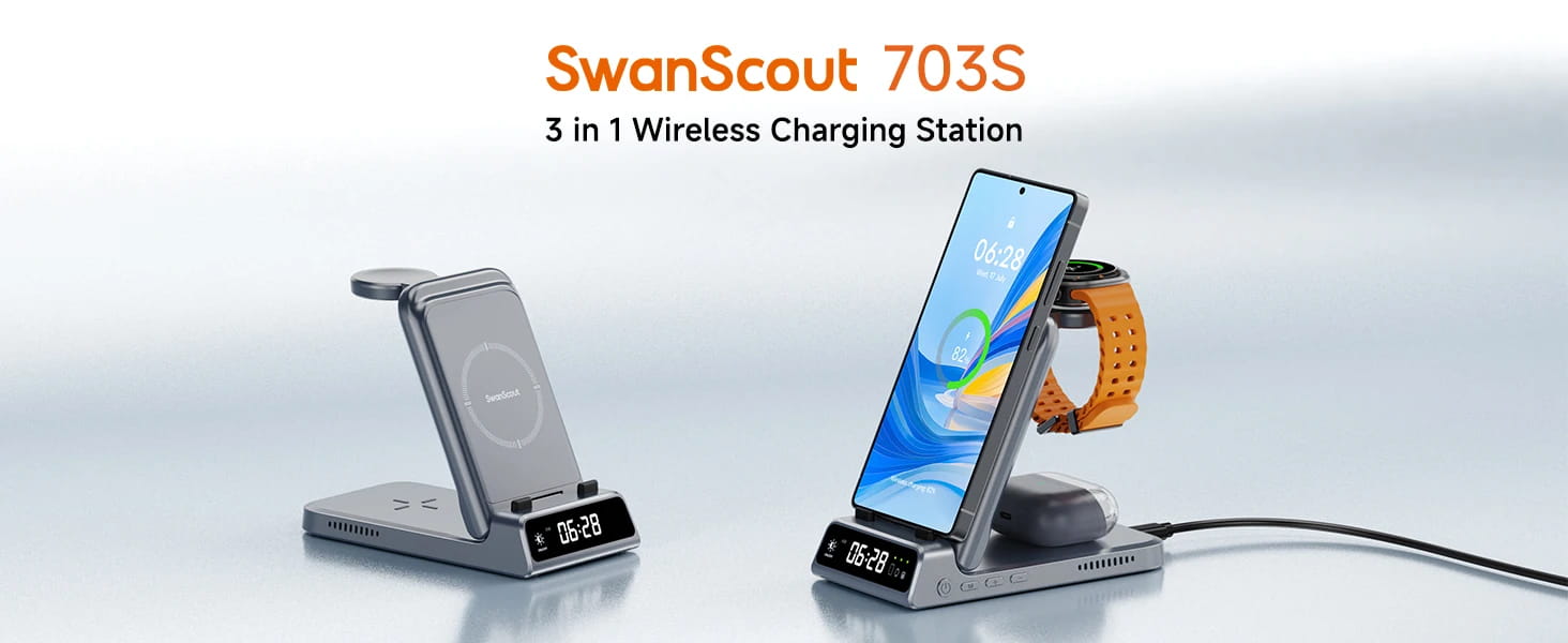 SwanScout 703S Station de recharge pour Samsung S25 S24 Ultra S23 Z Flip 7 Z Fold 7 chargeur sans fil pour Galaxy Watch