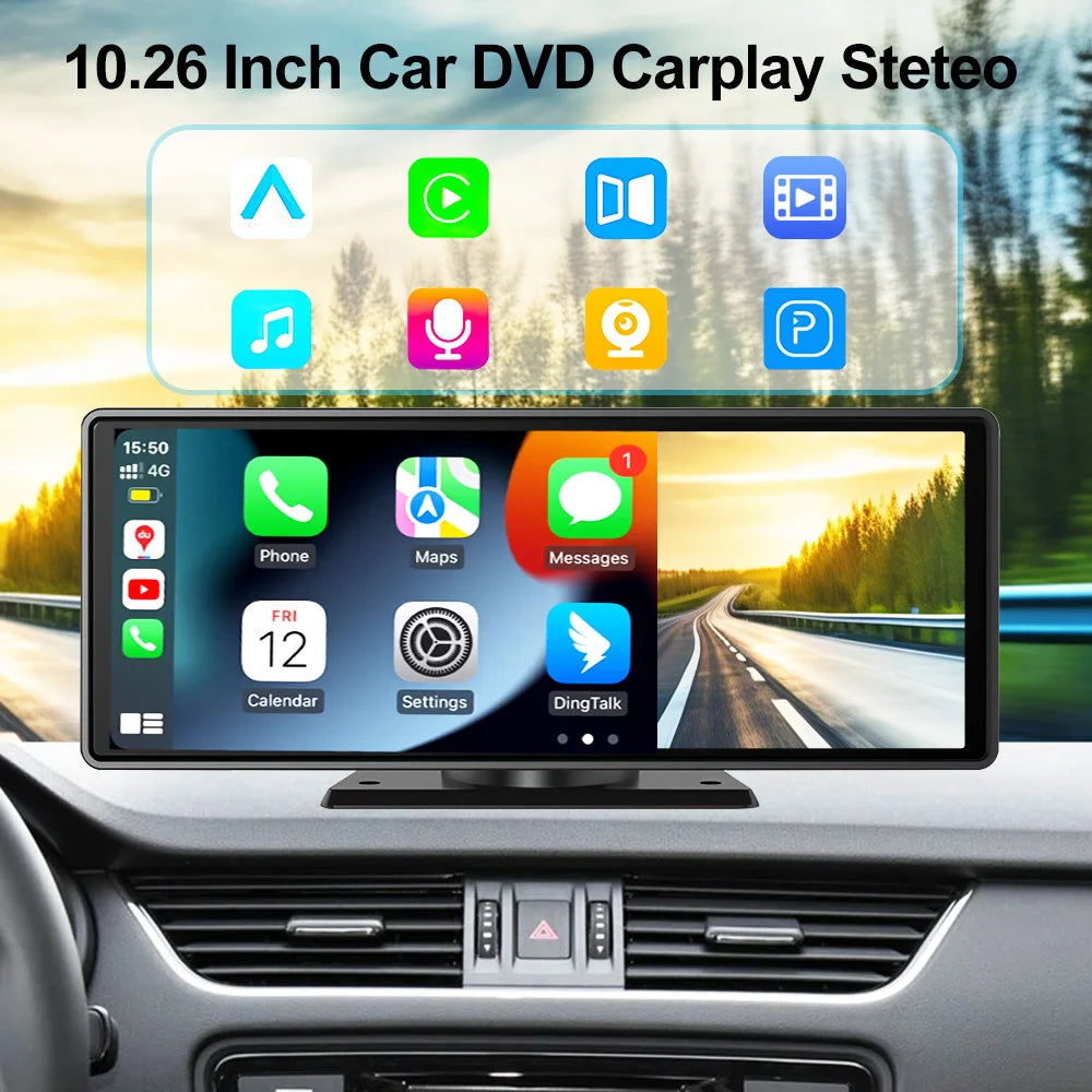 Voiture universelle 10,26’’ intelligente 4K 360 ° Caméra de tableau de bord DVR pour voiture rotative sans fil CarPlay