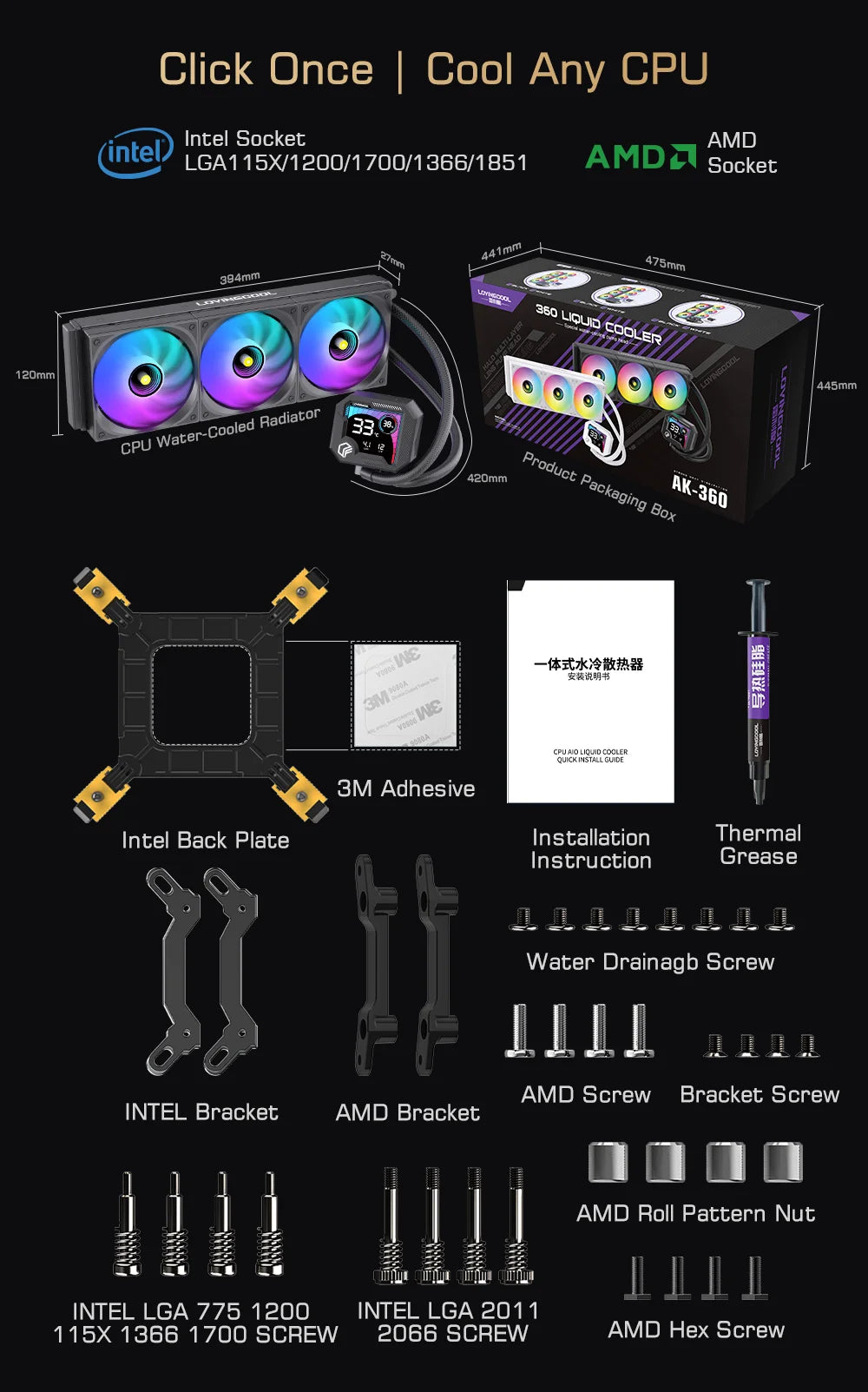 Watercooling CPU ARGB LOVINGCOOL AK – Écran Dynamique (240/360 mm)