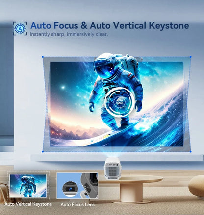 Vidéoprojecteur Mini 1080P Autofocus – 4K, Android, WiFi 6, Bluetooth 5.4, Rotation 360°