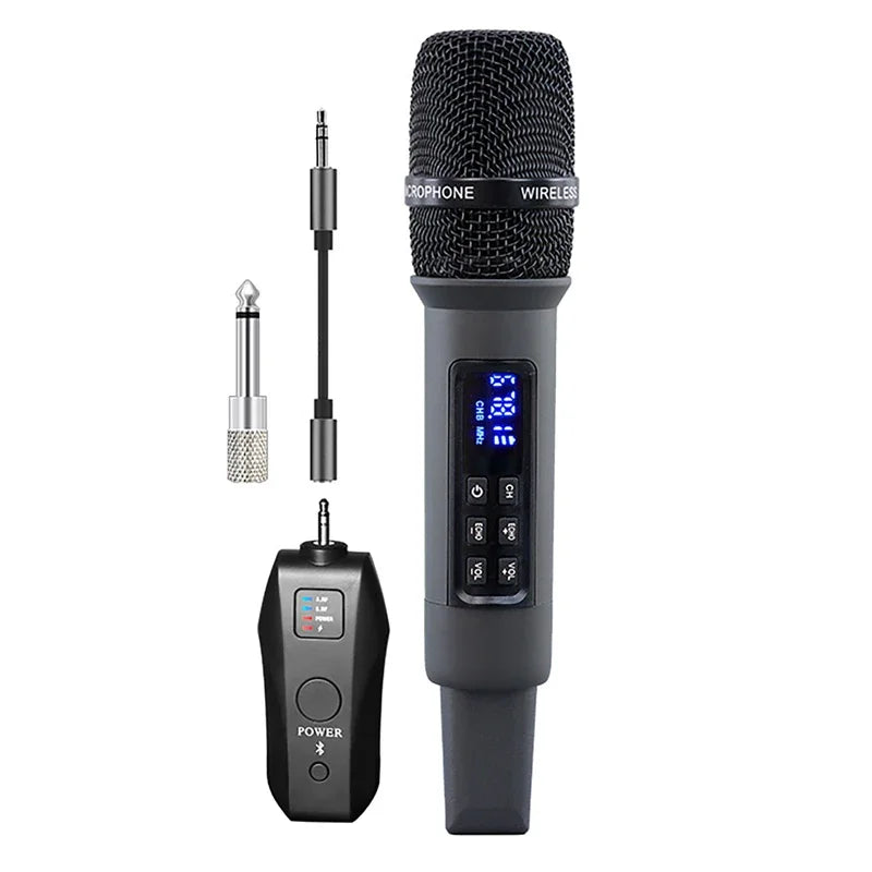 Micro Karaoké Sans Fil UHF – Récepteur Bluetooth, Réverbération et Réglage Basses/Aigus