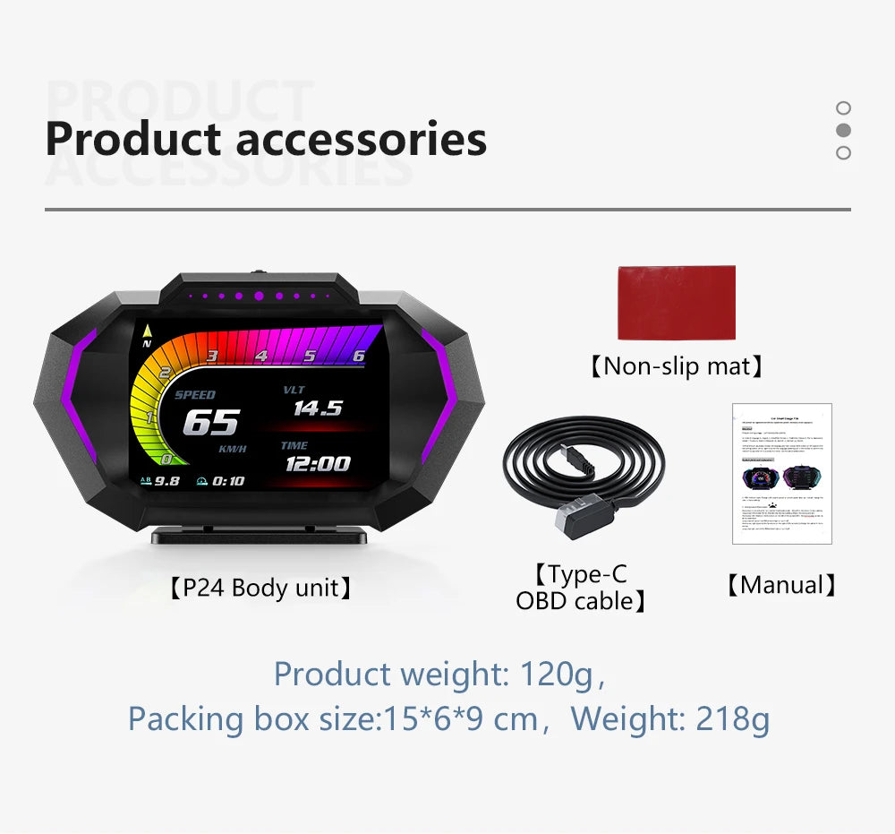 Unité noire P24 HUD GPS avec affichage multicolore vitesse et temps, plug and play.