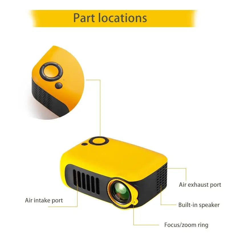 Mini projecteur A2000 jaune et noir compact avec zoom circulaire