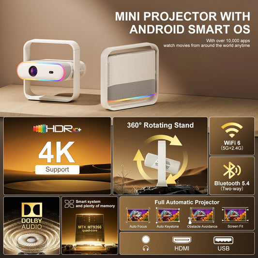 Vidéoprojecteur Ultra-Fin Full HD 1080P – Autofocus, Son Dolby Audio, WiFi 6, HDR10