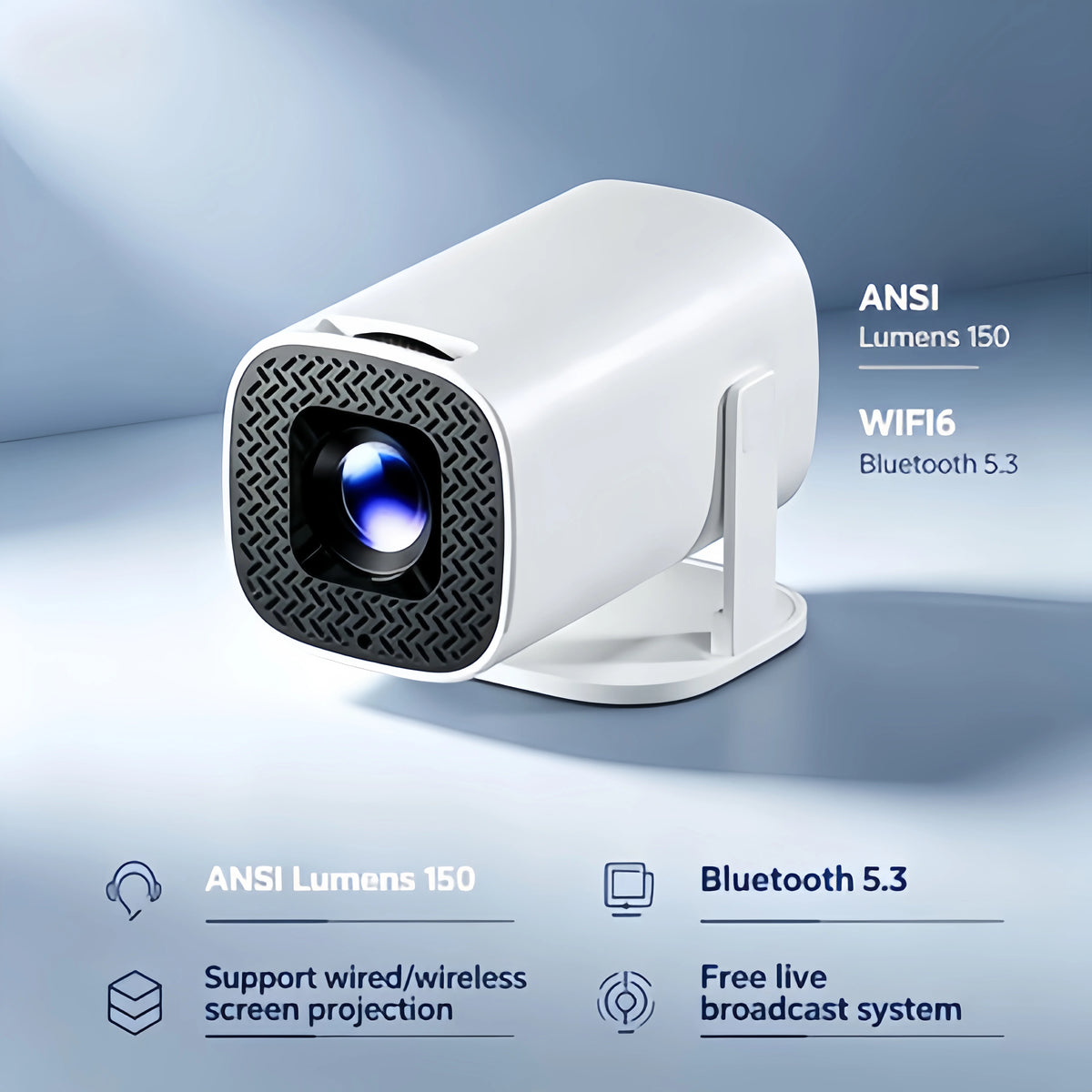 Mini Vidéoprojecteur Portable – Recopie d'Écran Sans Fil, Bluetooth 5.3, Compatible 1080P