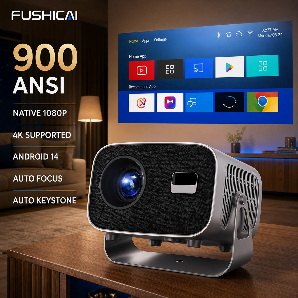Vidéoprojecteur Rotatif 360° Autofocus – Android 14, 900 ANSI, WiFi 6, Haut-Parleur 15 W