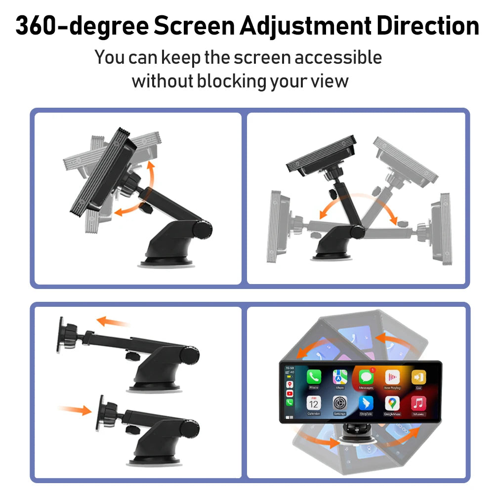 Support de voiture 360° noir avec Android Auto, bras articulé et ventouse