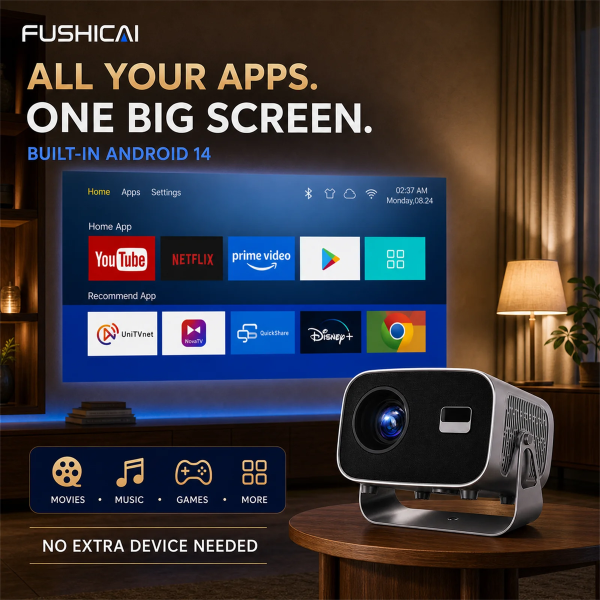 Vidéoprojecteur Rotatif 360° Autofocus – Android 14, 900 ANSI, WiFi 6, Haut-Parleur 15 W