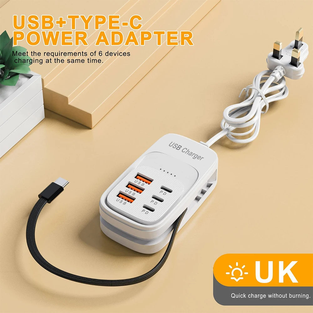 Station de Charge 6 en 1 – 3 Ports USB-C PD & 3 USB