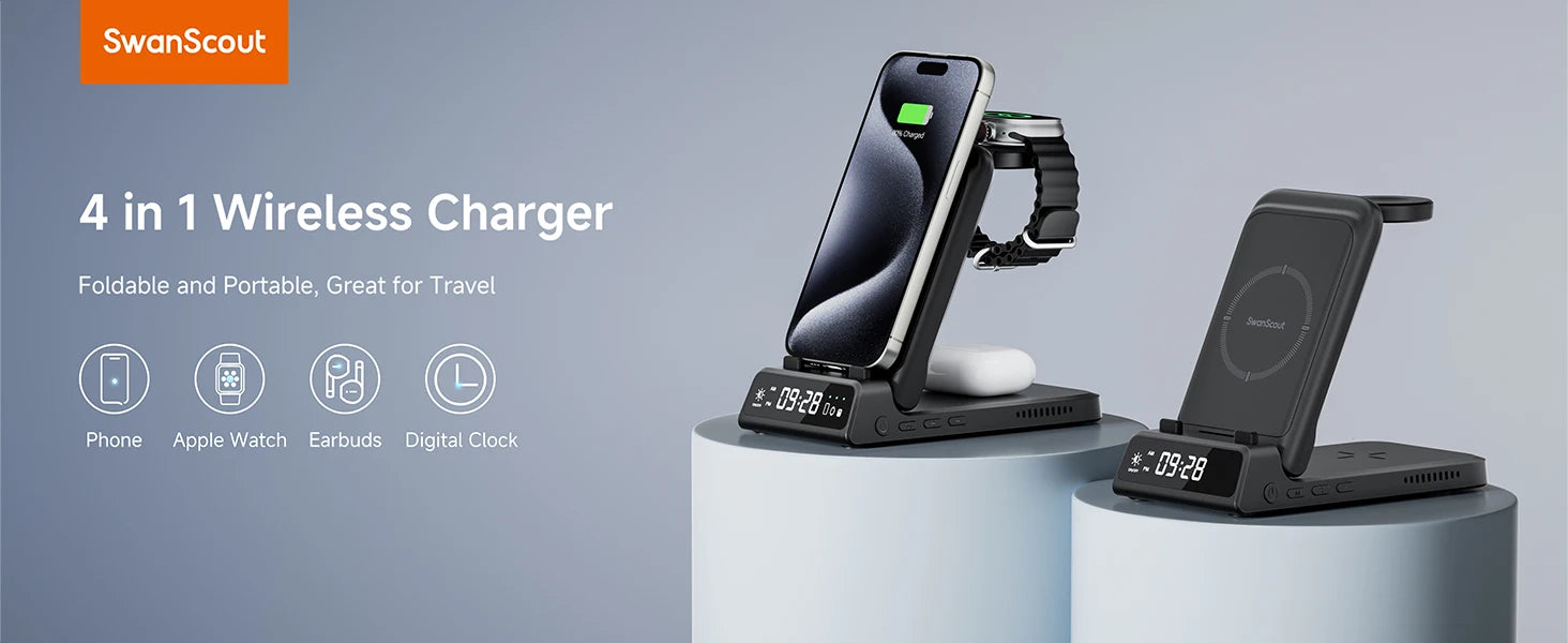 SwanScout 703A chargeur sans fil pour iPhone 17 16 15 14 Station de charge pour Apple Watch 11 10 9 Ultra 3 SE 2