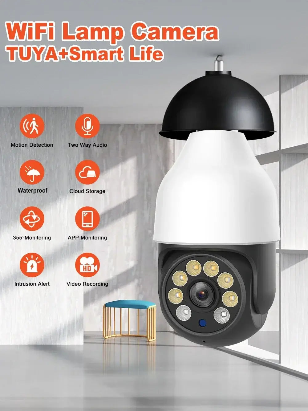 Caméra PTZ IP CCTV Tuya avec vision nocturne, ampoule WiFi 5MP
