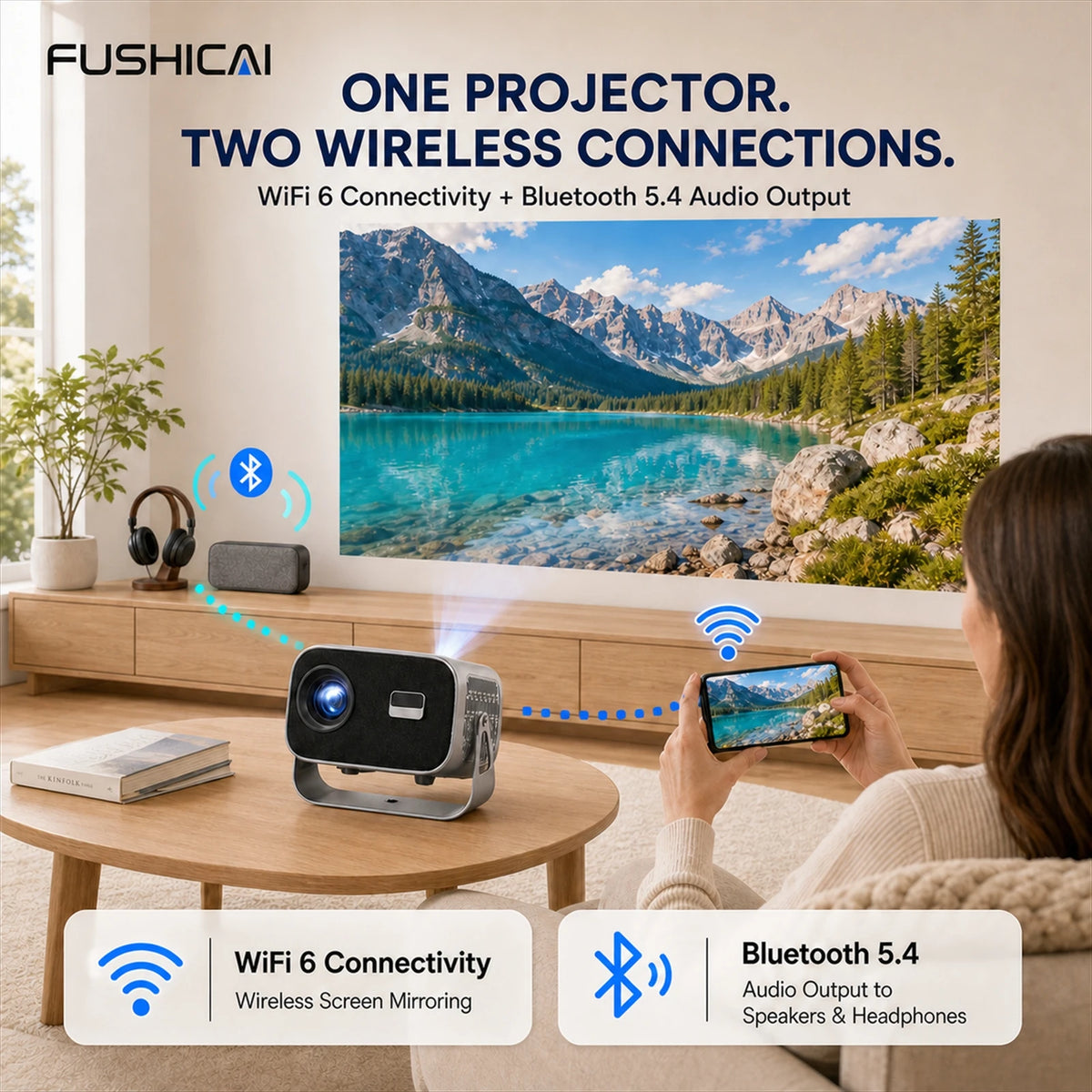 Vidéoprojecteur Rotatif 360° Autofocus – Android 14, 900 ANSI, WiFi 6, Haut-Parleur 15 W