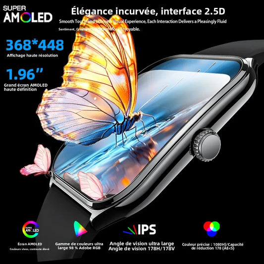 Montre Connectée Ultra-Fine Écran AMOLED 1,96" – Affichage Permanent, Bracelet au Choix