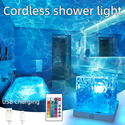 Lampe de douche rechargeable projetant un effet vagues d'océan
