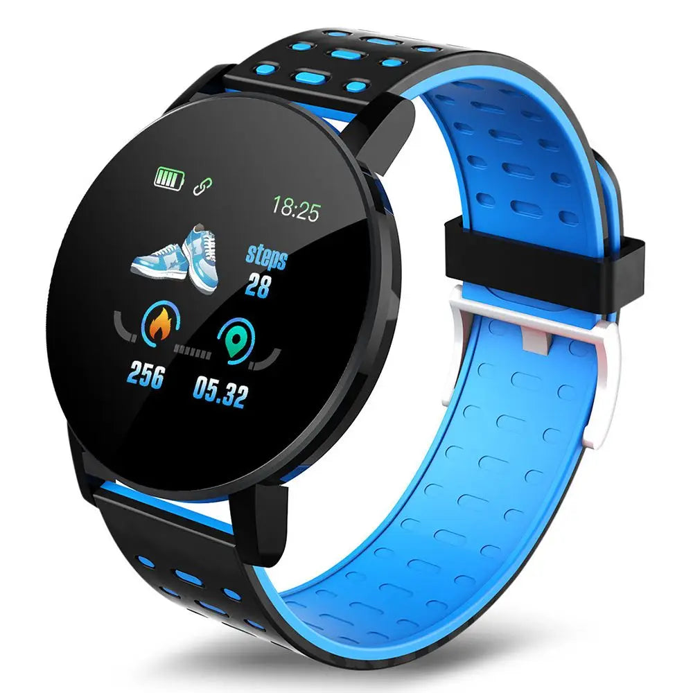 Montre connectée Bluetooth bleue et noire avec bracelet en silicone perforé