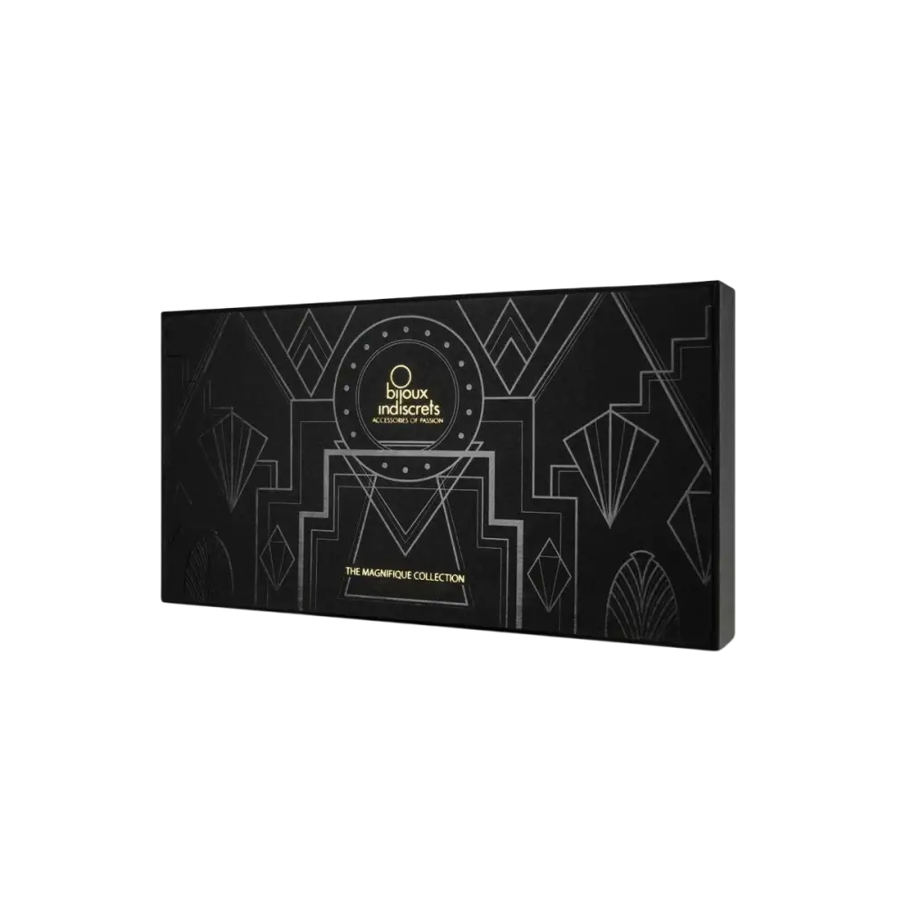 Boîte rectangulaire noire avec motifs art déco géométriques argentés et lettres dorées pour la marque ’bijoux indiscrets’.