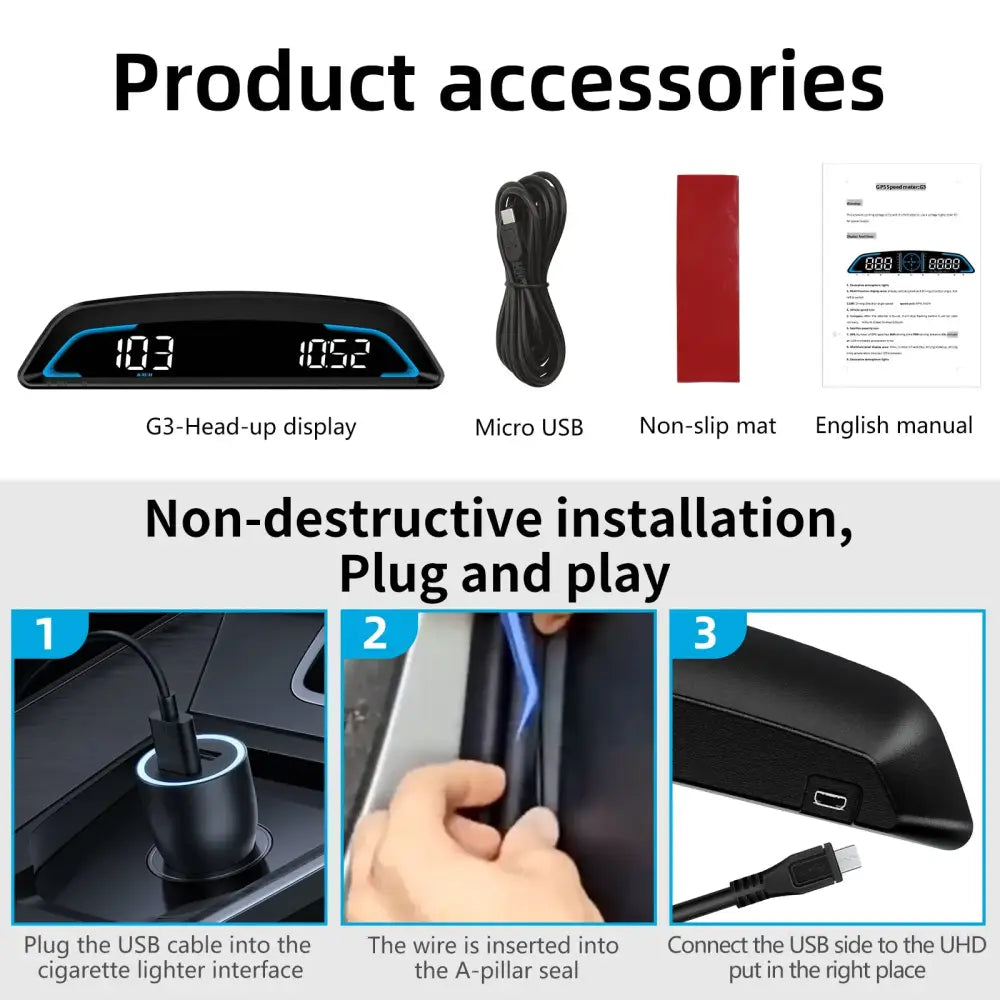 AD voiture B3 OBD HUD G3 GPS HUD affichage tête haute compteur de vitesse numérique réveil de survitesse RPM tension