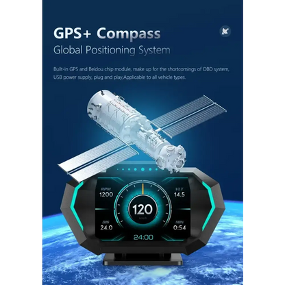 Affichage tête haute OBD + GPS HUD P24 pour voiture compteur de vitesse numérique température de l’eau consommation