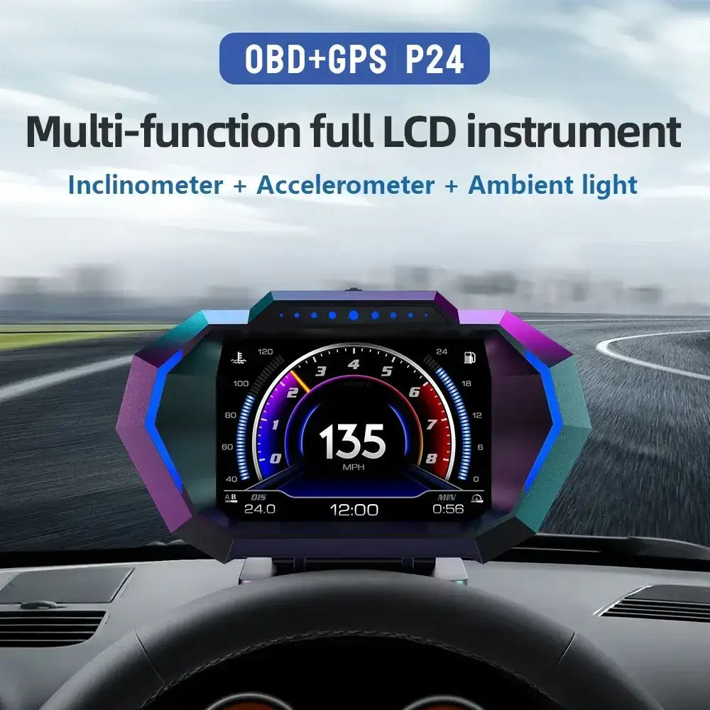Affichage tête haute OBD + GPS HUD P24 pour voiture compteur de vitesse numérique température de l’eau consommation