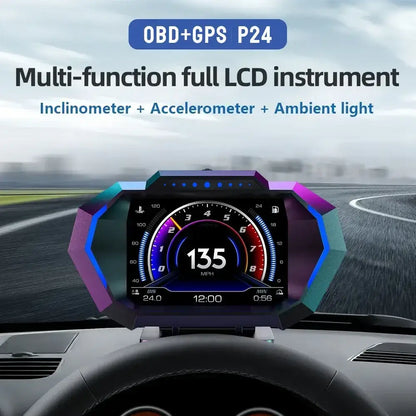 Affichage tête haute OBD + GPS HUD P24 pour voiture compteur de vitesse numérique température de l’eau consommation