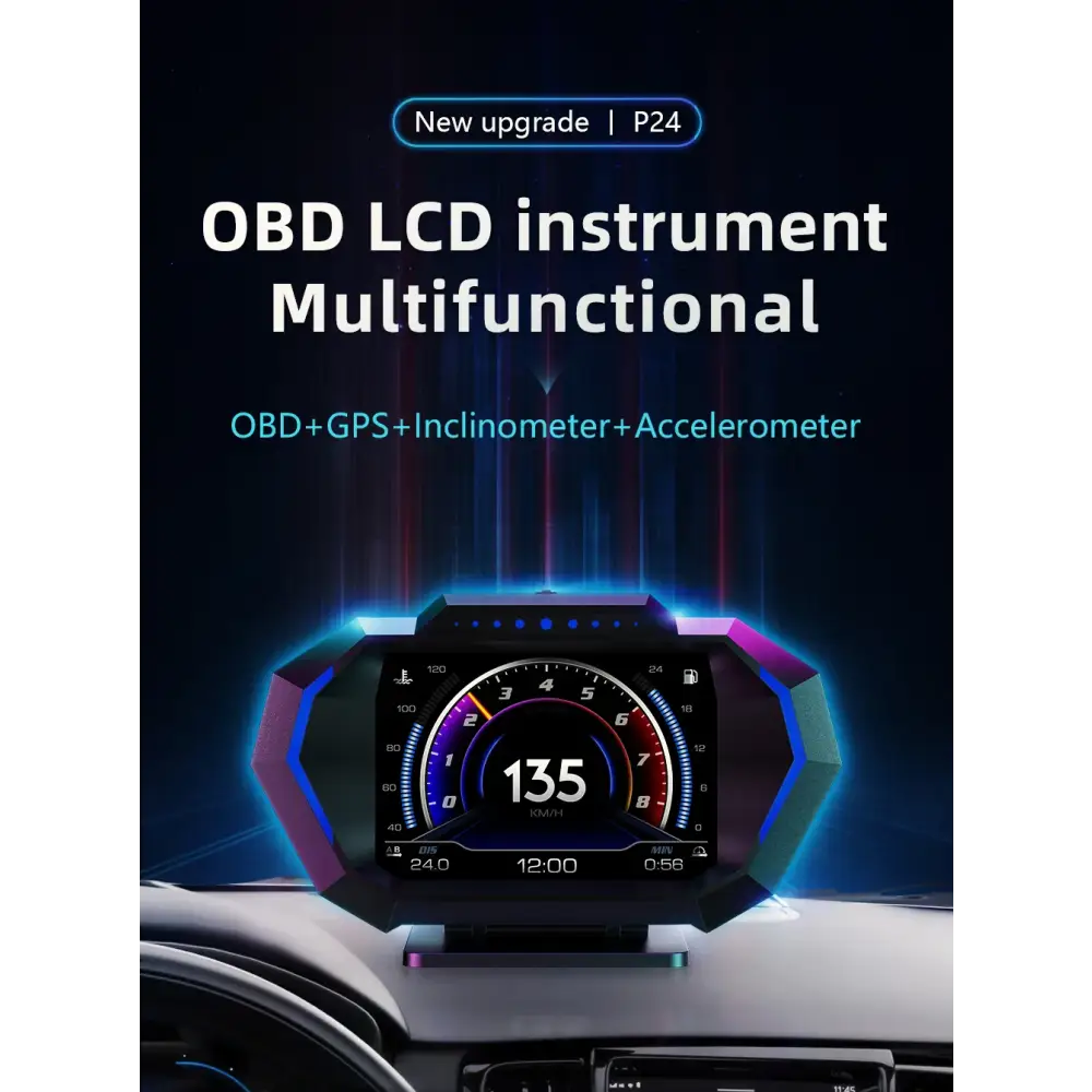 Affichage tête haute OBD + GPS HUD P24 pour voiture compteur de vitesse numérique température de l’eau consommation