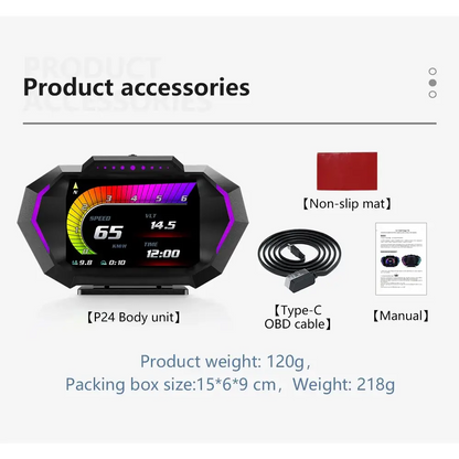 Affichage tête haute OBD + GPS HUD P24 pour voiture compteur de vitesse numérique température de l’eau consommation