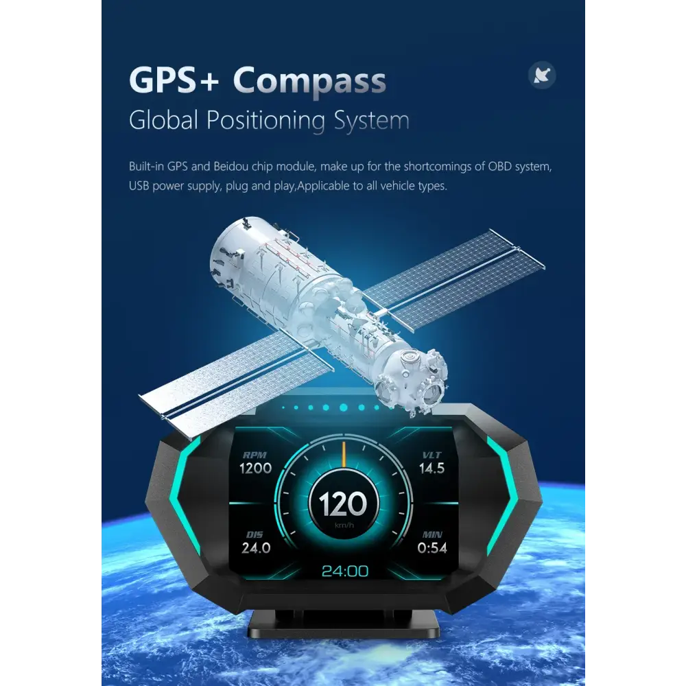 Affichage tête haute OBD + GPS HUD P24 pour voiture compteur de vitesse numérique température de l’eau consommation