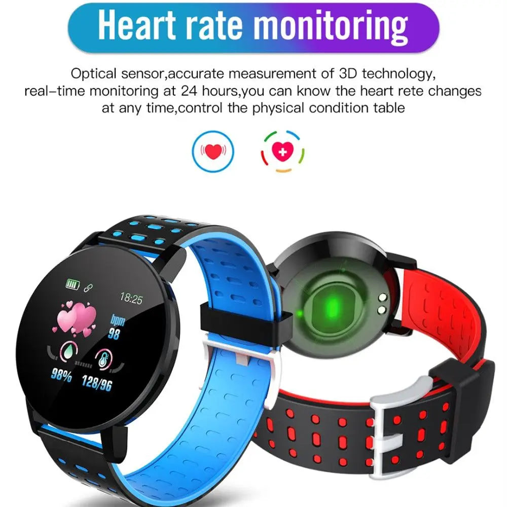 Montre connectée Bluetooth bleu et noir avec écran rond affichant le rythme cardiaque et bracelets en silicone perforés.