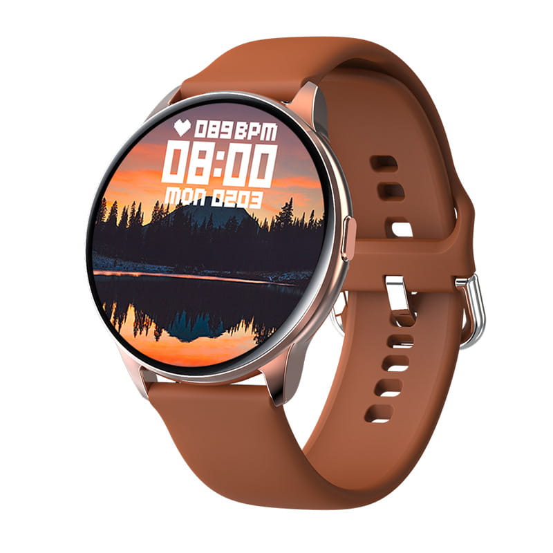 Montre Y90 en silicone marron, cadran sans échelle en or rose, écran forêt crépuscule