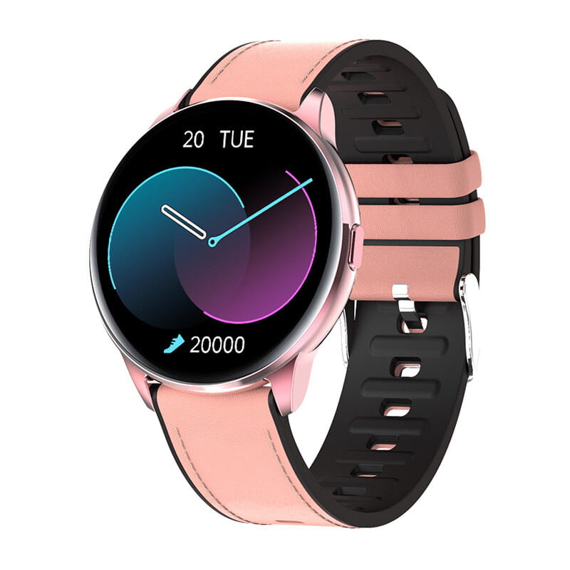Montre connectée Y90 en or rose avec cadran sans échelle circulaire tactile, affichage date et pas, bracelet silicone noir rose, GPS, tension artérielle, sport.