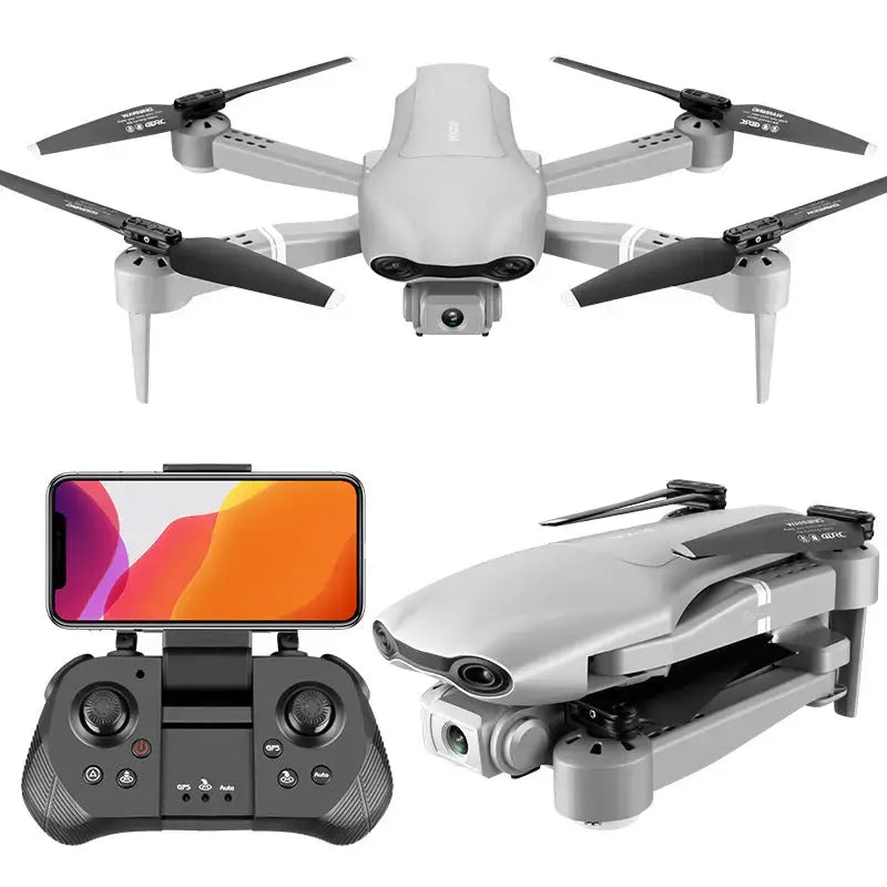 Drone pliable gris avec hélices noires et caméra frontale, ouvert et plié avec télécommande.