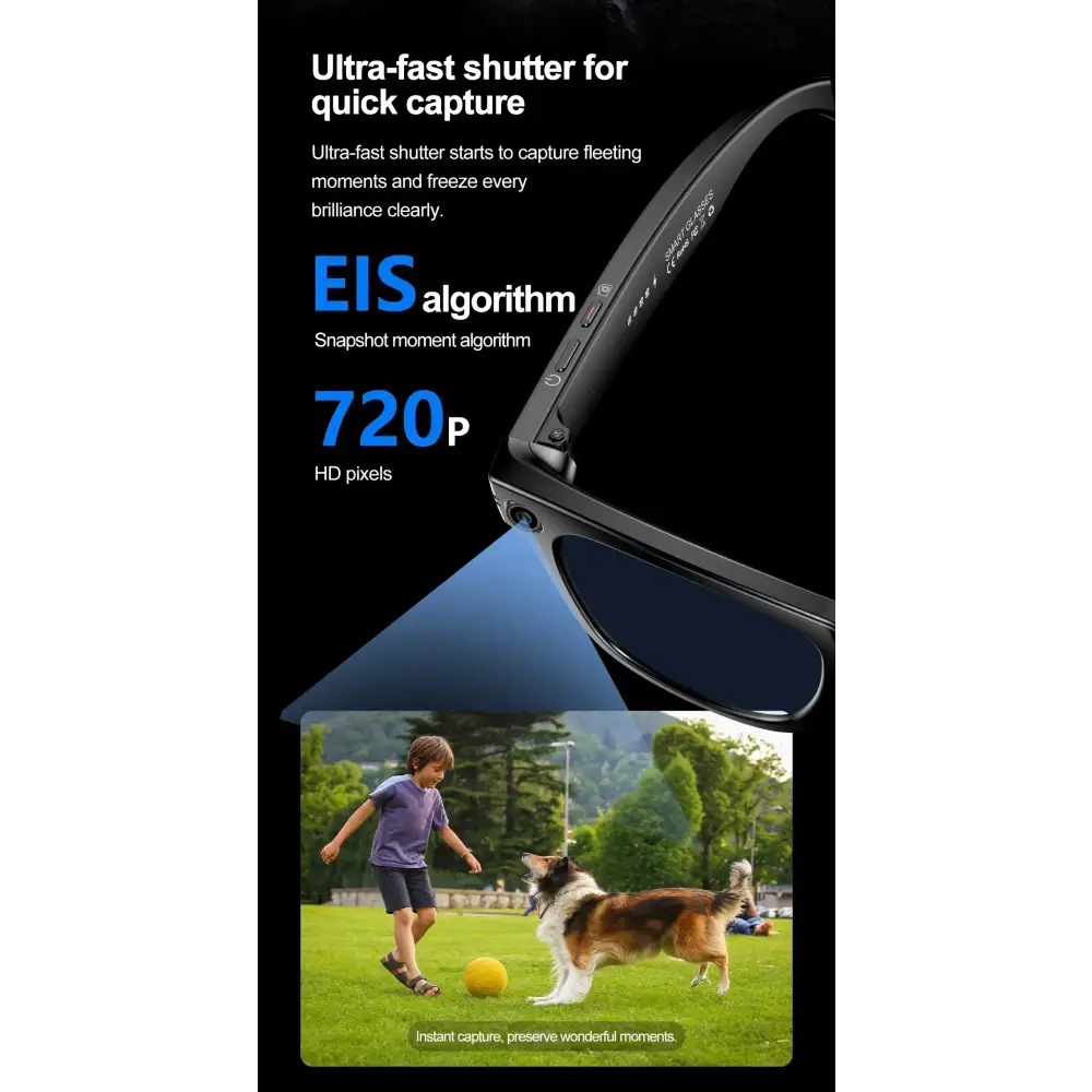 Lunettes intelligentes avec caméra HD 720p et algorithme EIS pour capture rapide de moments fugaces