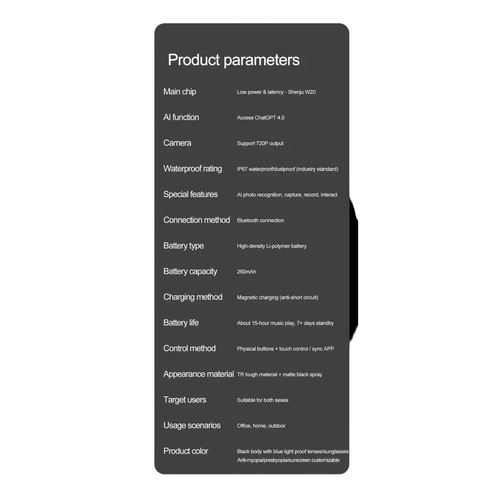 Paramètres produit : puce Shenju W20, fonction IA ChatGPT 4, caméra 720P, étanche IP67, Bluetooth, batterie 260mAh