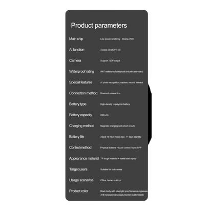 Paramètres produit : puce Shenju W20, fonction IA ChatGPT 4, caméra 720P, étanche IP67, Bluetooth, batterie 260mAh