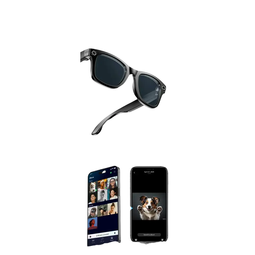 Lunettes noires avec caméra HD intégrée et transfert photo via application mobile Bluetooth