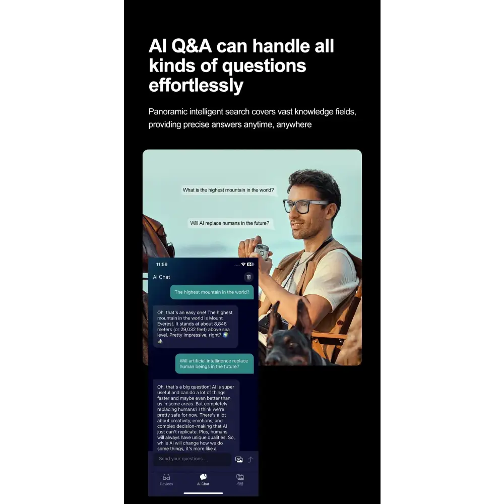 Homme avec lunettes utilisant une application AI Chat pour poser des questions sur intelligence artificielle et montagnes