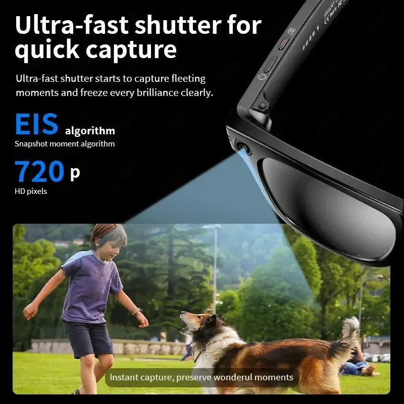 Lunettes intelligentes avec caméra intégrée capturant instantanément enfant jouant avec chien en plein air