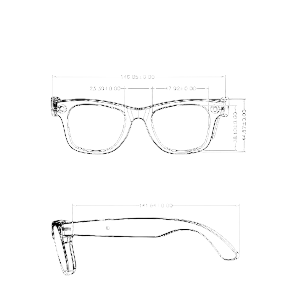Schéma technique blanc sur noir des dimensions détaillées de lunettes, vues frontale et latérale