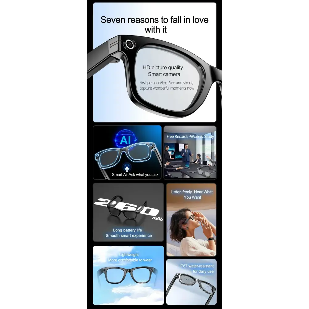 Lunettes intelligentes avec caméra HD, IA, batterie 2600mAh, confort léger et résistance IP67