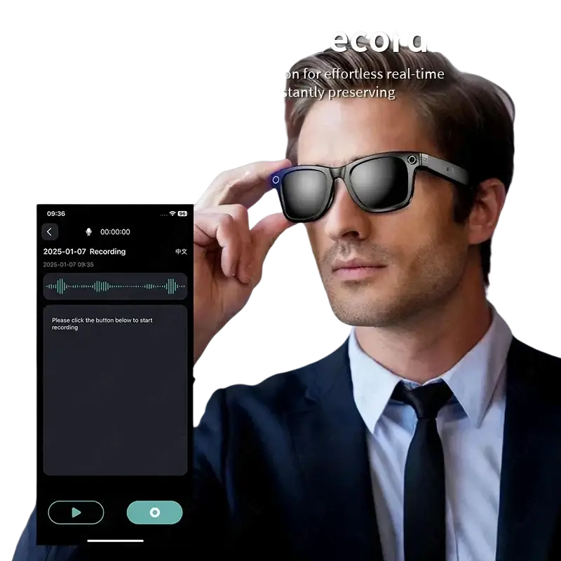 Homme portant des lunettes de soleil intelligentes avec enregistrement vocal et transcription en temps réel