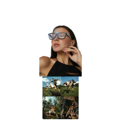 Femme portant des lunettes FPV avec caméra intégrée, multiperspectives de sorties en plein air et nature