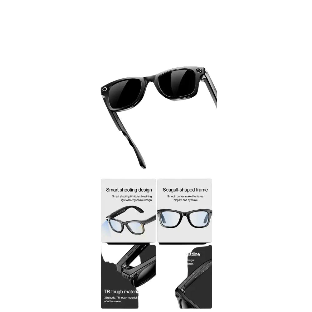 Lunettes intelligentes noires au design ergonomique et futuriste, cadre en TR résistant, style élégant et tendance
