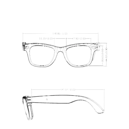Schéma technique blanc sur noir des dimensions détaillées de lunettes, vues frontale et latérale