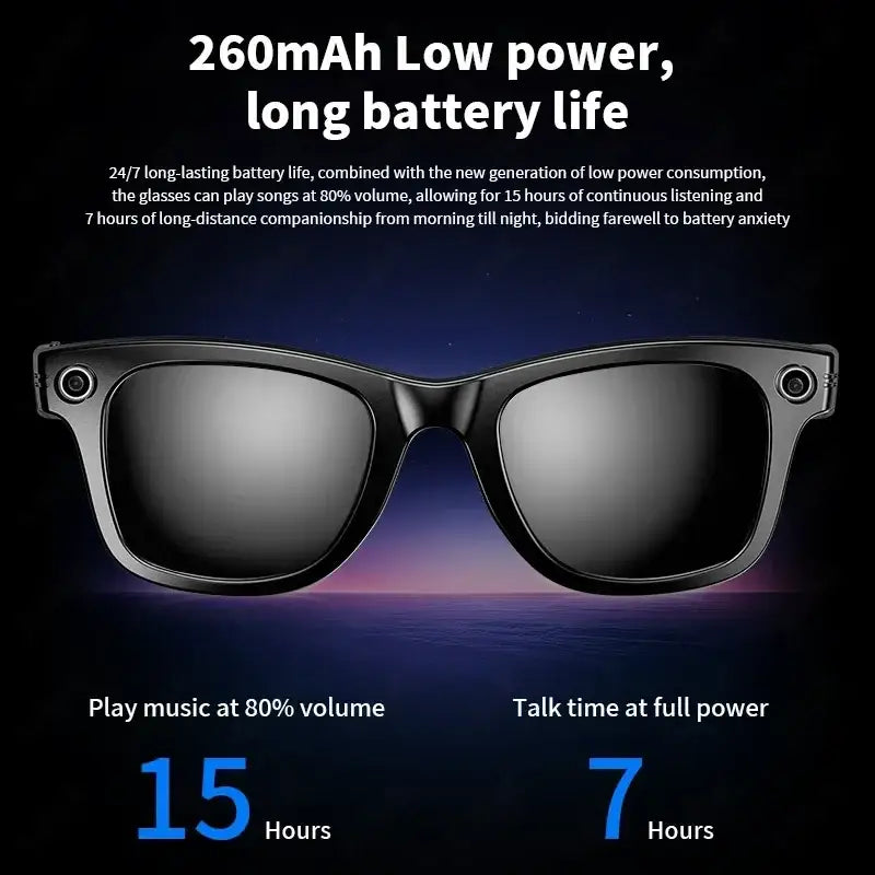 Lunettes noires avec batterie longue durée de 260mAh offrant 15h de musique et 7h de conversation
