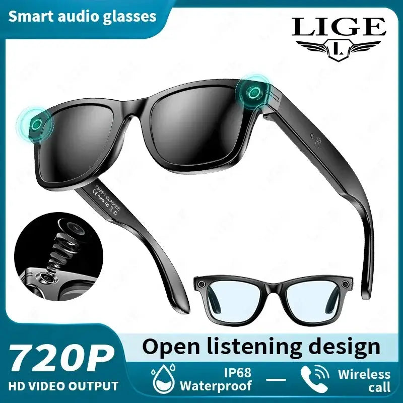 Lunettes audio intelligentes LIGE noires avec caméra 720P, design à écoute ouverte, étanches IP68, appels sans fil