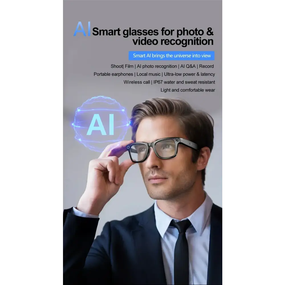 Homme en costume portant des lunettes intelligentes AI pour reconnaissance photo et vidéo, technologie innovante