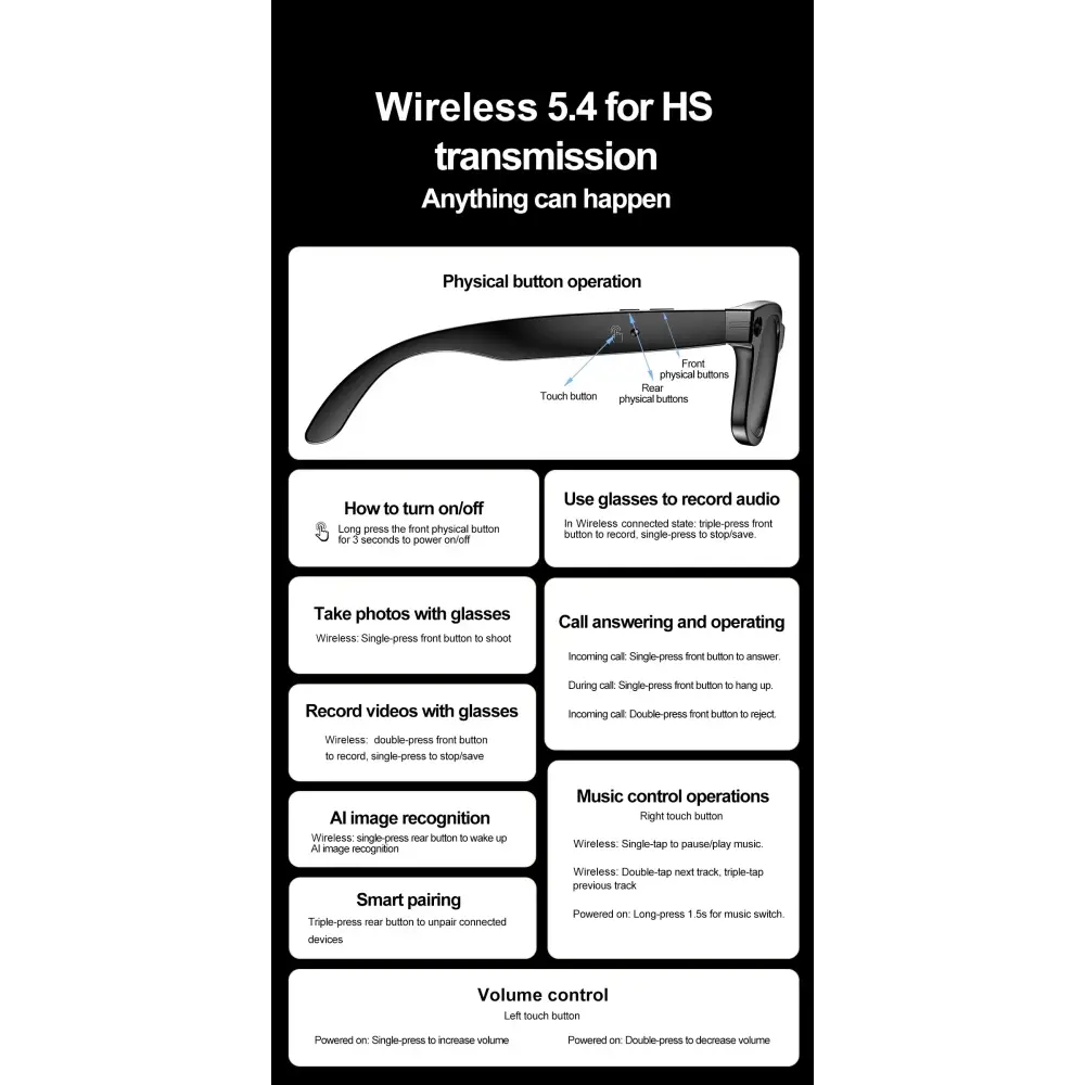 Lunettes connectées Wireless 5.4 avec boutons physiques pour contrôle audio, vidéo, appels, volume et reconnaissance AI
