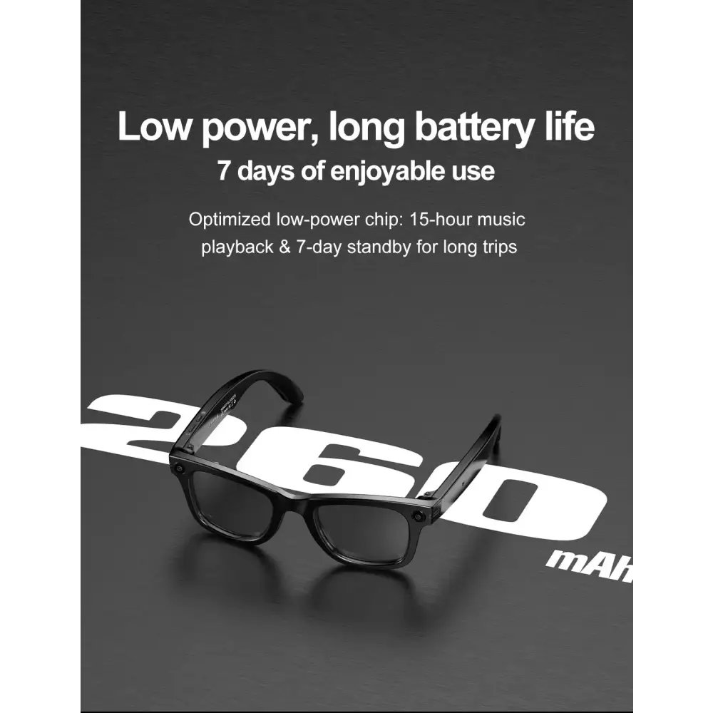 Lunettes noires intelligentes avec batterie longue durée 260 mAh pour 7 jours d'utilisation