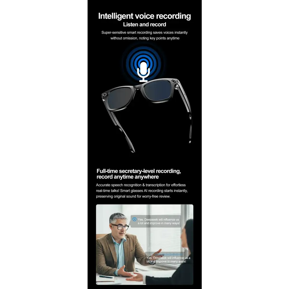 Lunettes intelligentes avec enregistrement vocal AI, reconnaissance vocale et transcription en temps réel